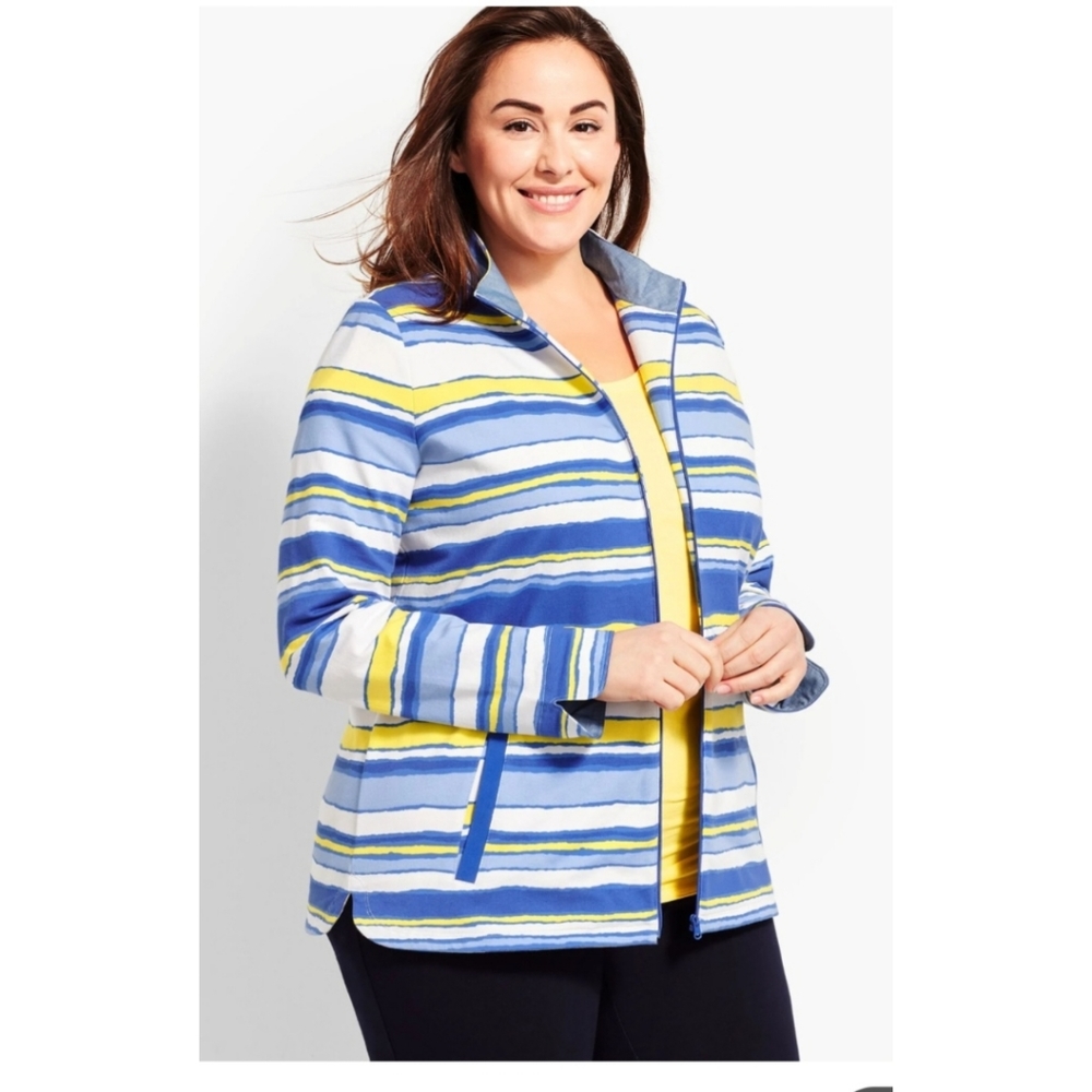 T by Talbots striped casual jacket size X XL zip up blue yellow white